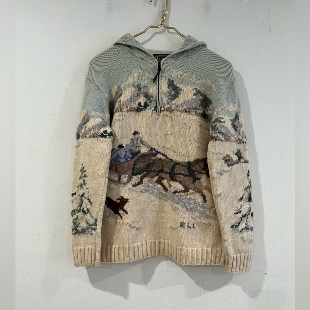 RALPH LAUREN VTG  EXCLUSIVE Hand Knit Lambswool Sweater Winter Scene Sled L - Picture 6 of 10